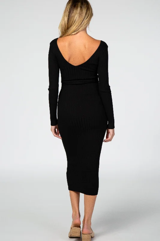 black-v-neck-long-sleeve-fitted-maternity-maxi-dress