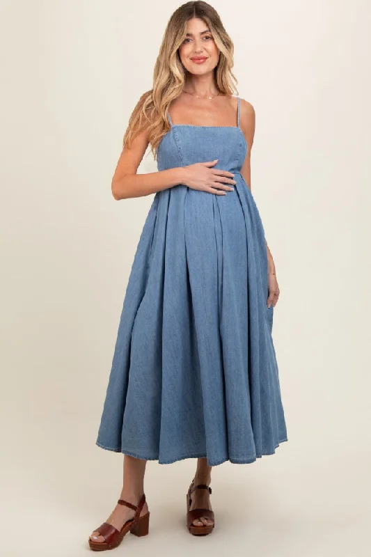 Blue Back Tie Straight Neck Maternity Midi Maternity Dress