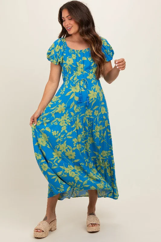 Blue Floral Off Shoulder Puff Sleeve Maternity Midi Dress