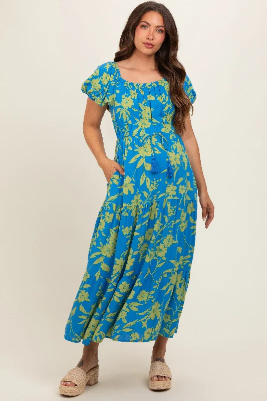 blue-floral-off-shoulder-puff-sleeve-maternity-midi-dress