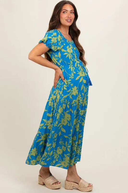 blue-floral-off-shoulder-puff-sleeve-maternity-midi-dress