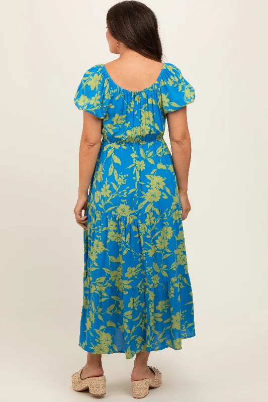 blue-floral-off-shoulder-puff-sleeve-maternity-midi-dress