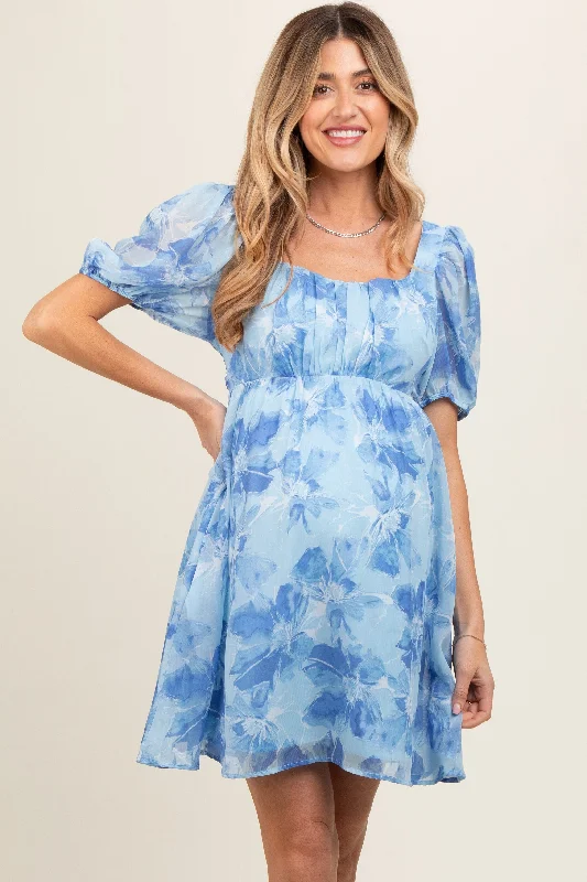 Blue Floral Puff Sleeve Maternity Mini Dress