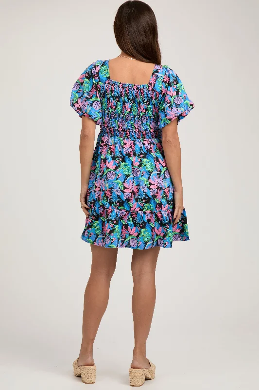 blue-multi-color-tropical-print-ruffle-hem-maternity-dress