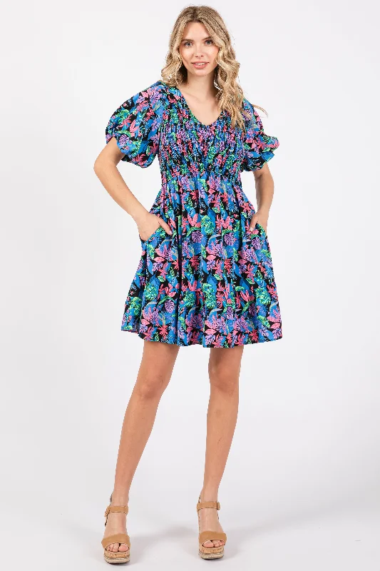 blue-multi-color-tropical-print-ruffle-hem-maternity-dress