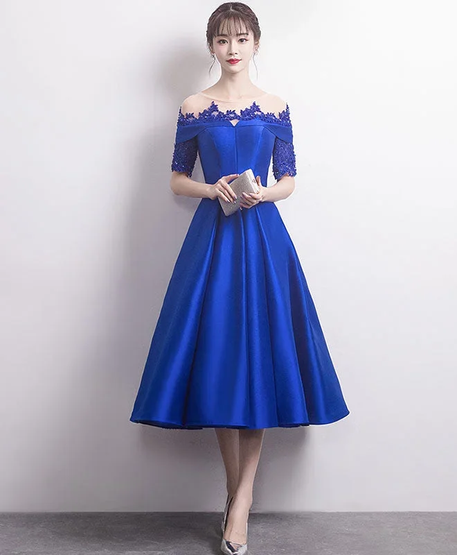 blue-round-neck-satin-lace-prom-dress-blue-bridesmaid-dress