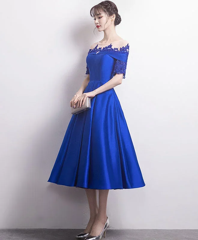 blue-round-neck-satin-lace-prom-dress-blue-bridesmaid-dress