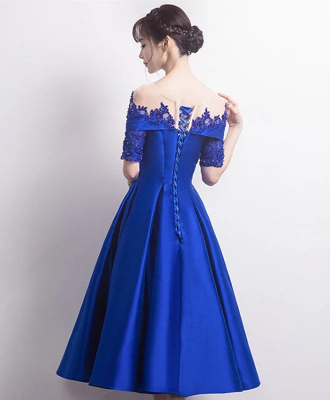 blue-round-neck-satin-lace-prom-dress-blue-bridesmaid-dress