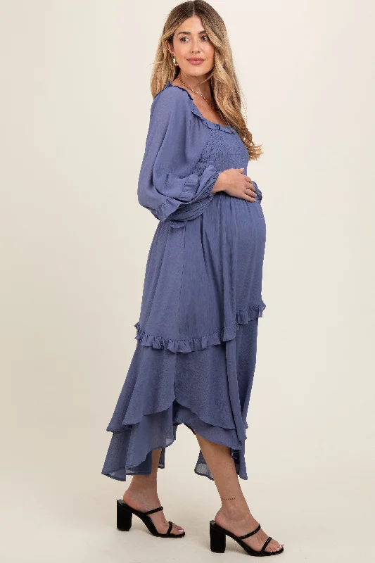 blue-smocked-ruffle-long-sleeve-maternity-midi-dress