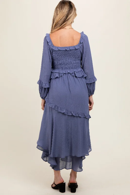 blue-smocked-ruffle-long-sleeve-maternity-midi-dress