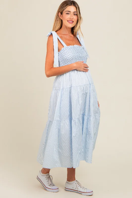 blue-striped-smocked-tie-strap-maternity-midi-dress