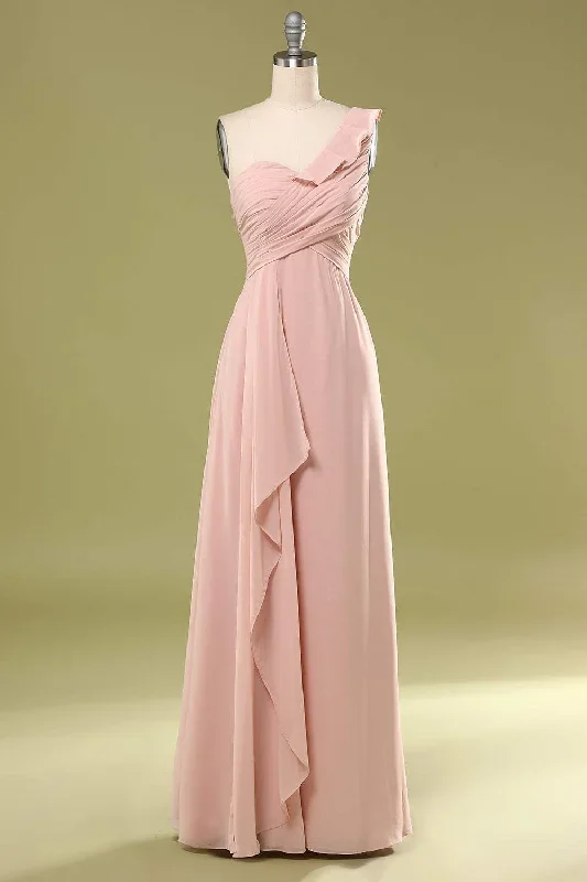 Blush Chiffon One-Shoulder Ruffled Bridesmaid Dress