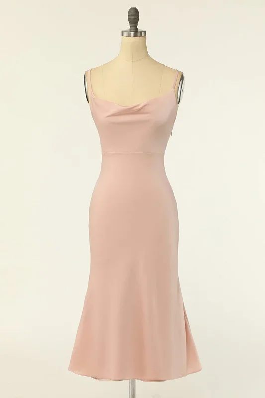 Blush Cowl Neck Short Mermaid Bridesmaid Dress