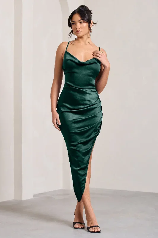 bottle-green-cami-cowl-neck-asymmetric-hem-dress