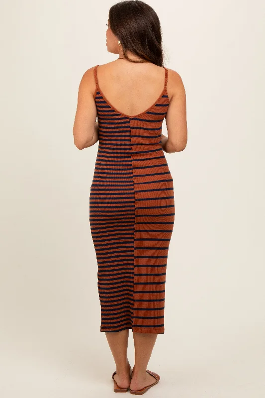 brown-striped-ribbed-maternity-dress