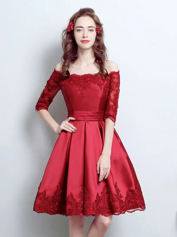 Burgundy Lace Satin Short Prom Dress, Burgundy Bridesmaid Dress