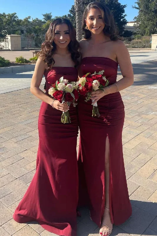 Burgundy Satin Strapless Long Bridesmaid Dress with Slit