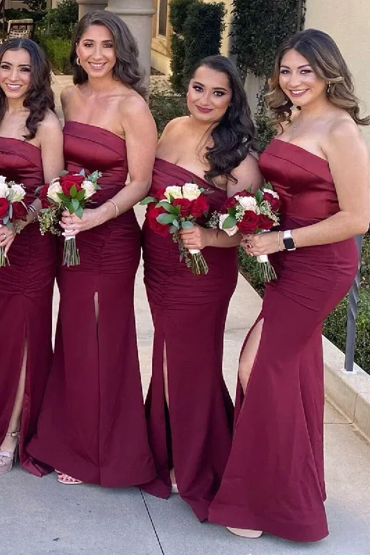 burgundy-satin-strapless-long-bridesmaid-dress-with-slit