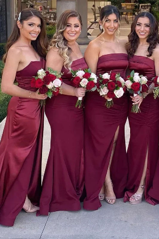 burgundy-satin-strapless-long-bridesmaid-dress-with-slit