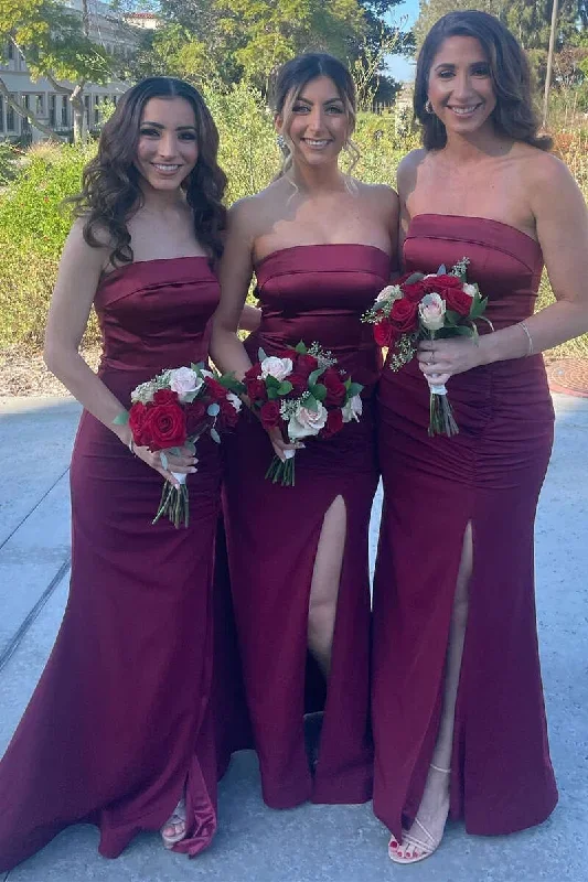 burgundy-satin-strapless-long-bridesmaid-dress-with-slit