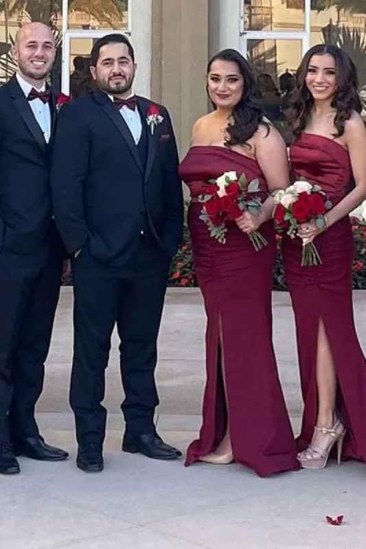 burgundy-satin-strapless-long-bridesmaid-dress-with-slit