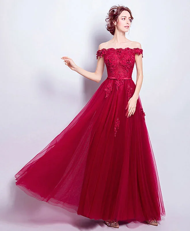 Burgundy Tulle Lace Applique Long Prom Dress, Burgundy Bridesmaid Dress