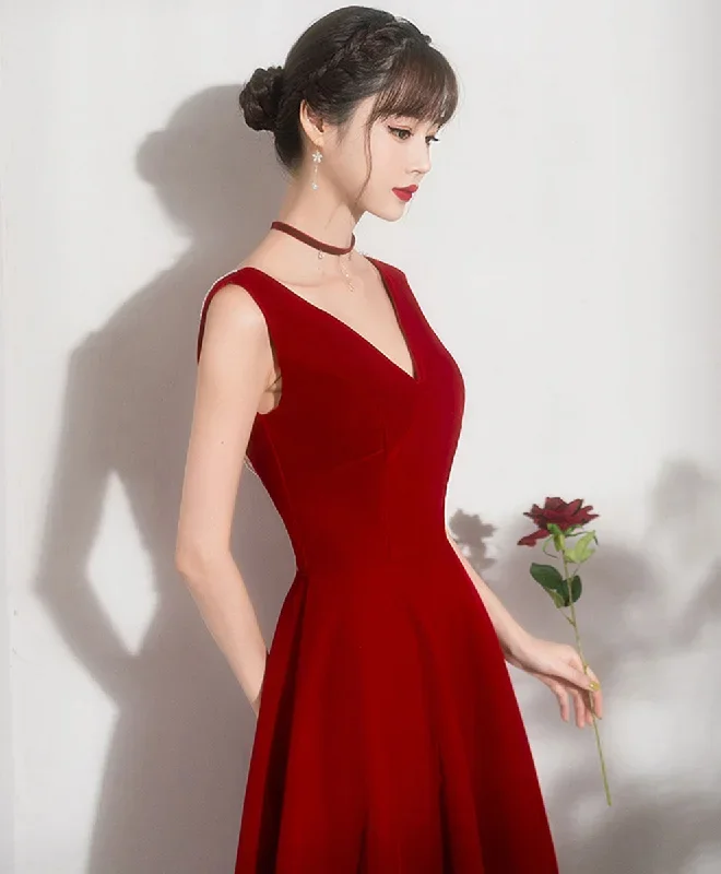 burgundy-v-neck-short-prom-dress-burgundy-bridesmaid-dress