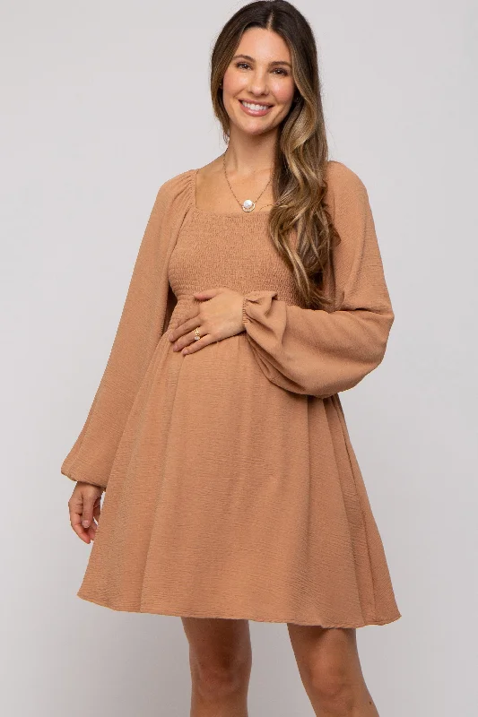 camel-tie-back-smocked-long-sleeve-maternity-dress