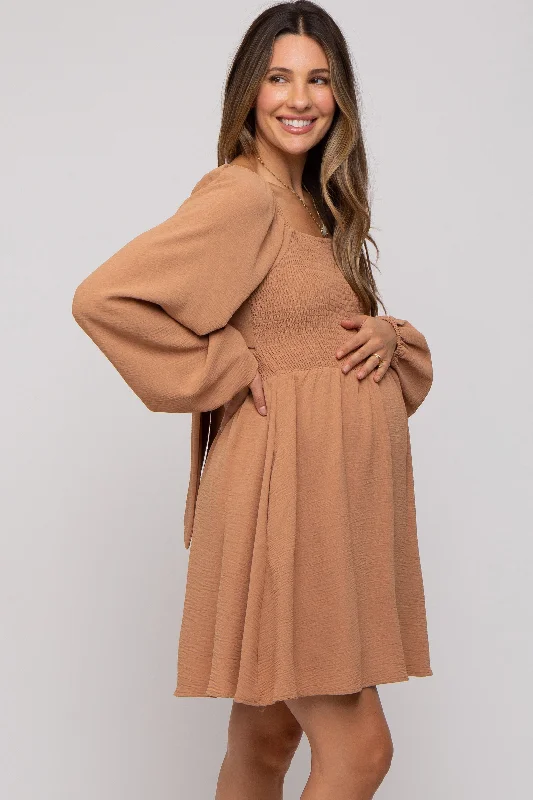 camel-tie-back-smocked-long-sleeve-maternity-dress