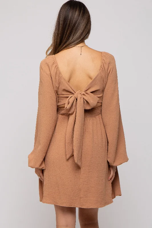 camel-tie-back-smocked-long-sleeve-maternity-dress