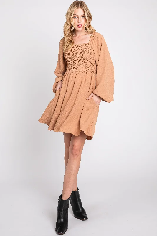 camel-tie-back-smocked-long-sleeve-maternity-dress