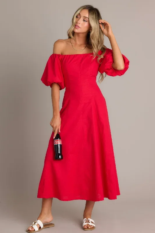 Cascade Couture Red Off Shoulder Midi Dress