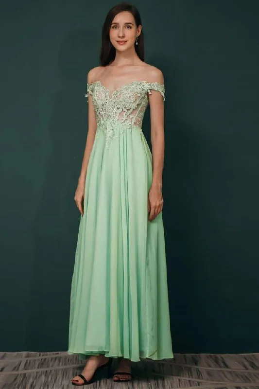 Green Chiffon Off-the-shoulder Appliques Prom Dress