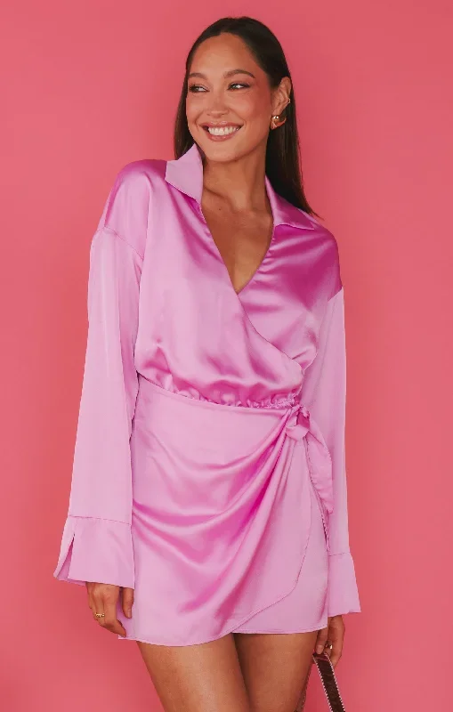 Clara Collared Mini Dress ~ Purple Pink Luxe Satin