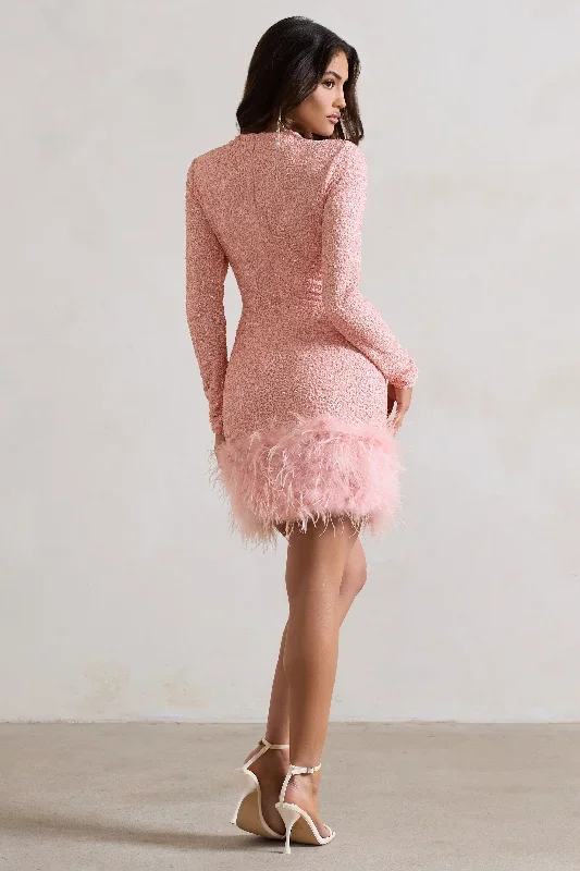 claudia-pink-sequin-high-neck-feather-hem-mini-dress-with-long-sleeves-cl128035008