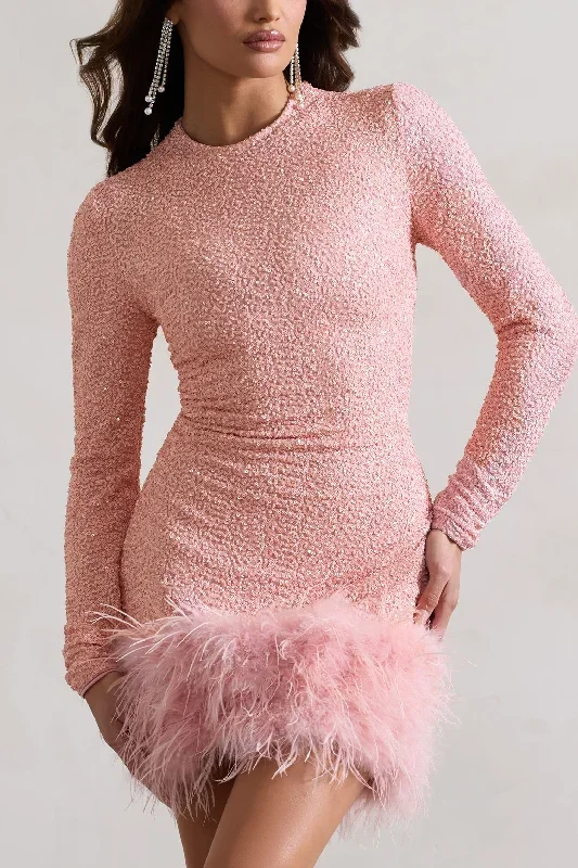 claudia-pink-sequin-high-neck-feather-hem-mini-dress-with-long-sleeves-cl128035008