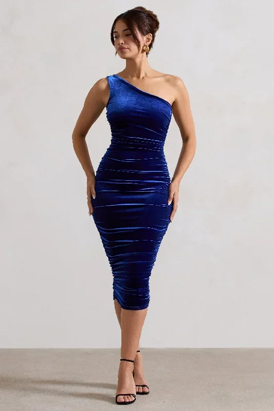 Back For More | Cobalt Blue Velvet One Shoulder Ruched Midi Dress