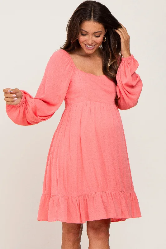 coral-square-neck-puff-long-sleeve-maternity-dress