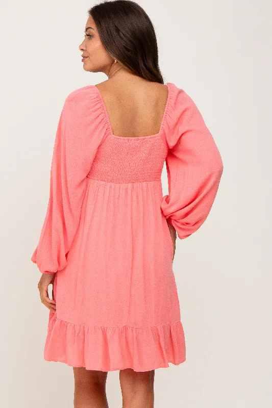 coral-square-neck-puff-long-sleeve-maternity-dress