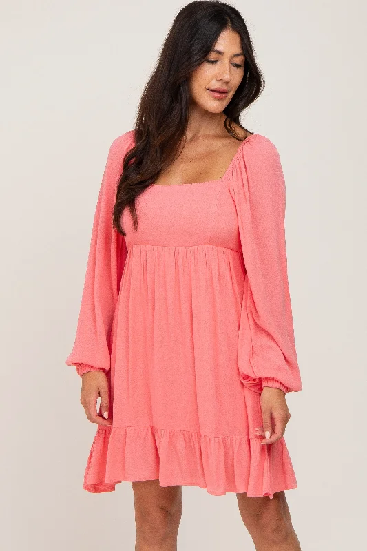 coral-square-neck-puff-long-sleeve-maternity-dress