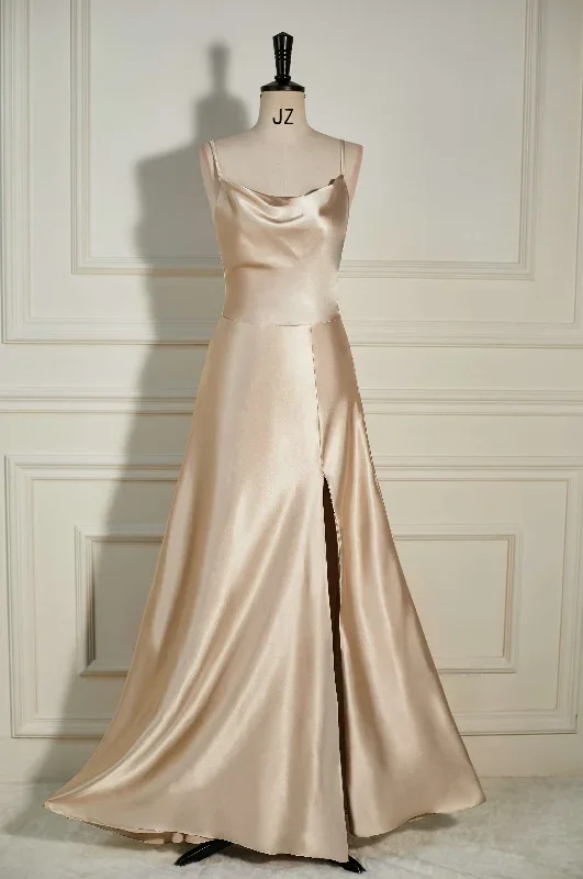 Cowl Neck Champagne A-Line Long Bridesmaid Dress with Slit