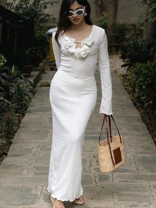 White Flower V-neck Ruffles Split Slim Female Maxi Dress