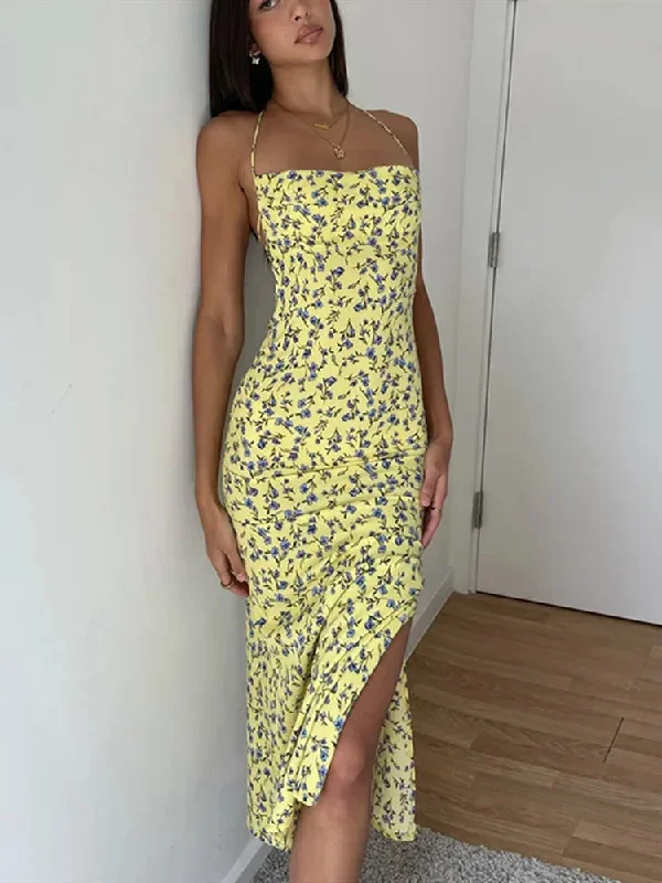 FashionSierra - Floral Print Spaghetti Strap Bodycon Maxi Deep V Neck Summer Streetwear Midi Dress