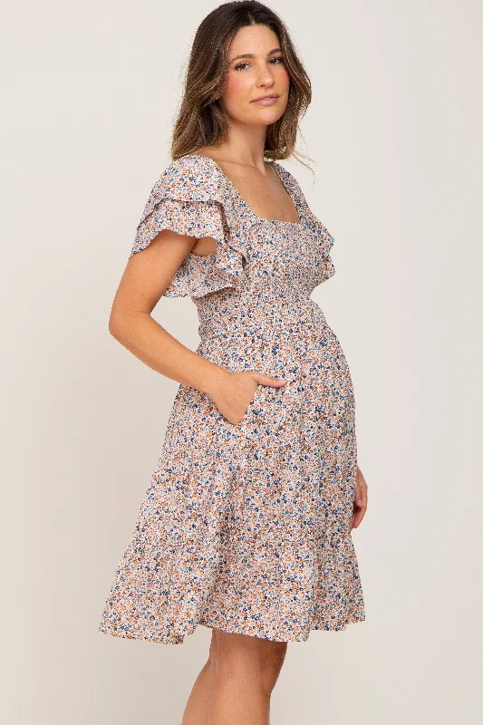 cream-floral-smocked-tiered-maternity-dress