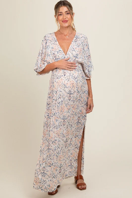 Cream V-Neck Smocked Waist Short Sleeve Maternity Maxi Dress