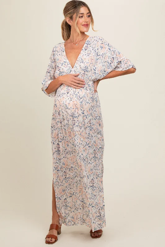 cream-v-neck-smocked-waist-short-sleeve-maternity-maxi-dress