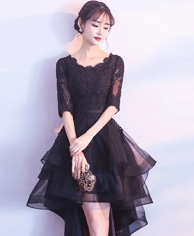 Cute Black Tulle Lace Short Prom Dress, Black Bridesmaid Dress