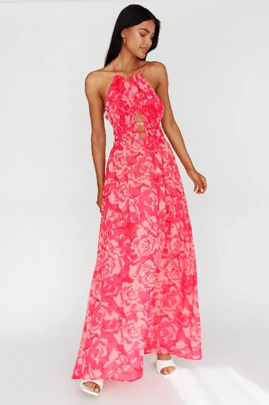 Cyndi Open Back Halterneck Maxi Dress Floral Pink