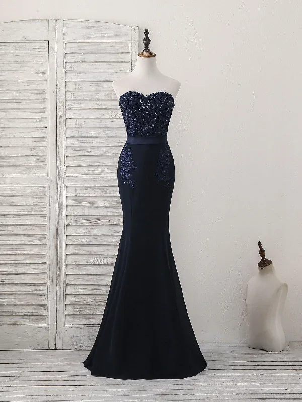 Dark Blue Sweetheart Mermaid Long Prom Dress, Dark Blue Evening Dress