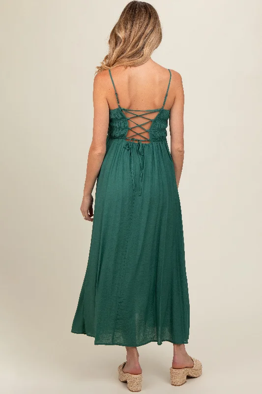 dark-teal-smocked-cutout-lace-up-back-maternity-maxi-dress